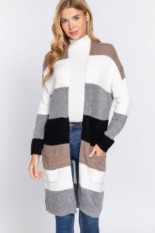 Long Slv Open Front Color Block Cardigan