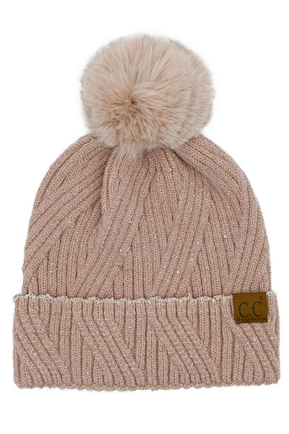 Sequin Pom Beanie Hat ROSE