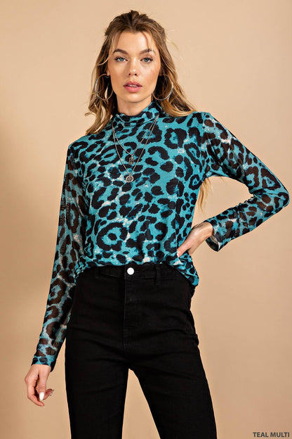 Azure Leopard Mesh Top