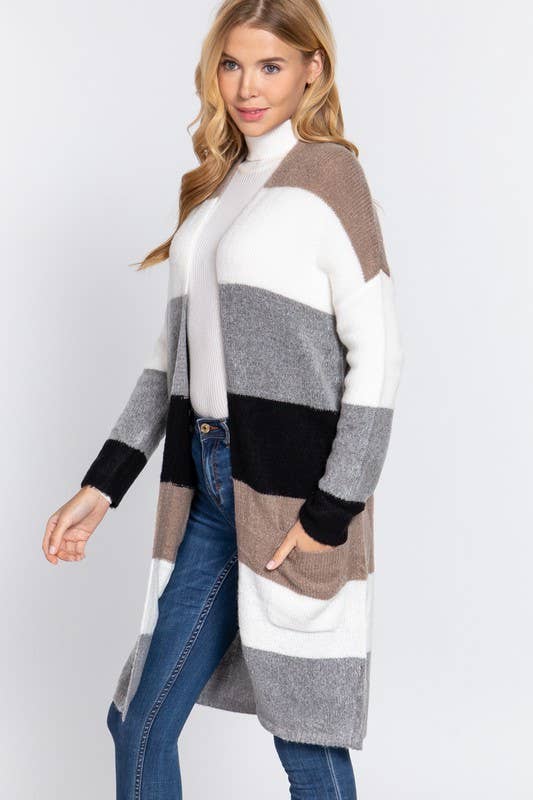 Long Slv Open Front Color Block Cardigan