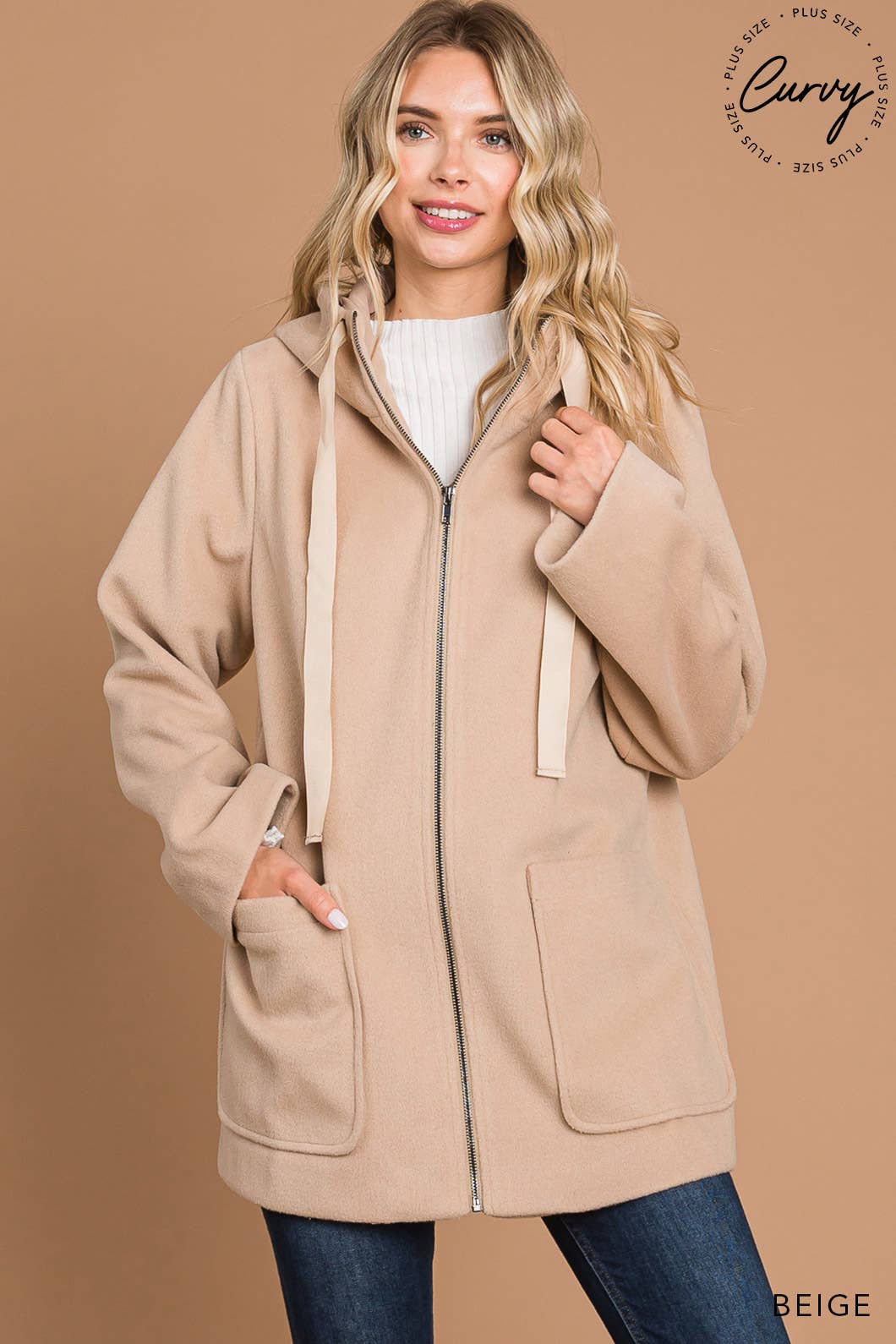 Tan Chunky Zipper Front Hoodie Coat - PLUS