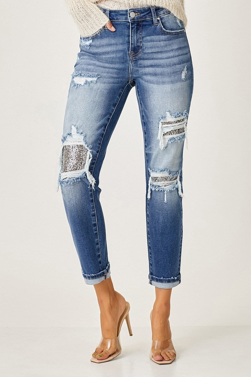 Starry Night Sequin Patched Denim