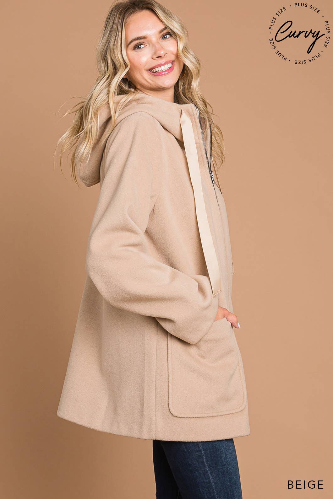 Tan Chunky Zipper Front Hoodie Coat - PLUS