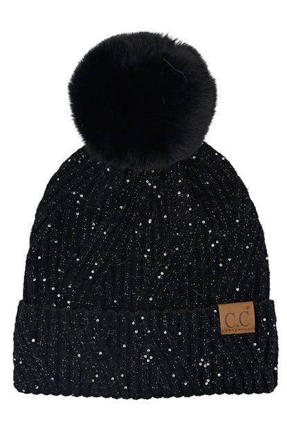 Sequin Pom Beanie Hat BLACK