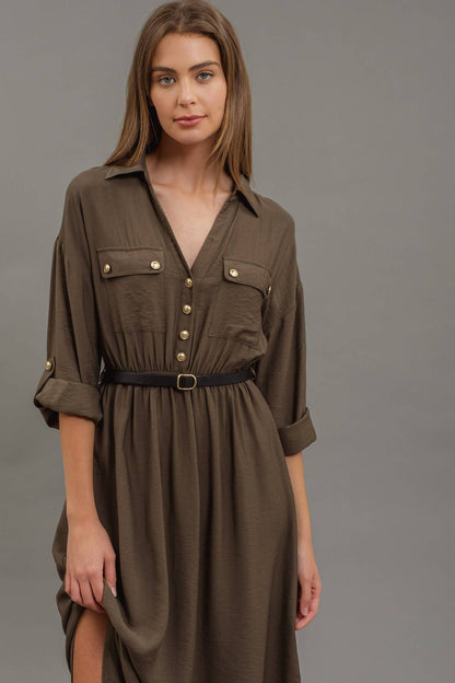 COLLARED HALF BUTTON 3/4 SLEEVE BELTED MIDI DRESS