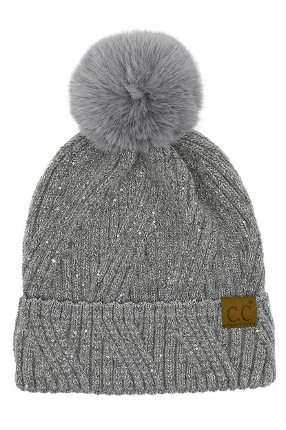 Sequin Pom Beanie Hat Grey