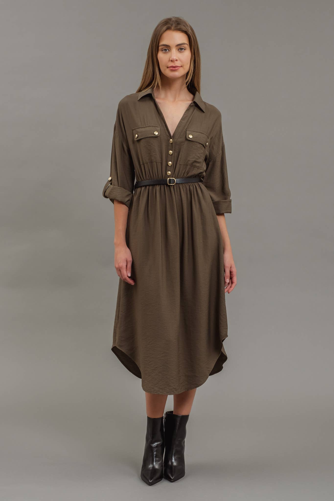 COLLARED HALF BUTTON 3/4 SLEEVE BELTED MIDI DRESS